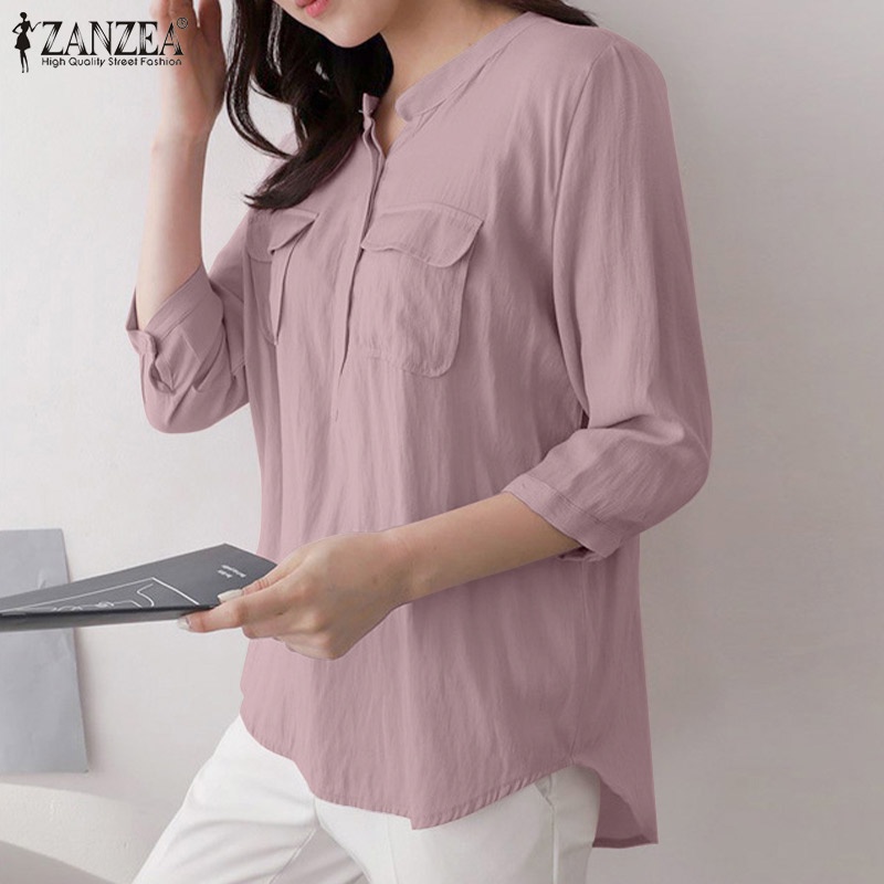 ZANZEA Áo Nữ Tay 3 / 4 Cổ Tròn Màu Trơn Phong Cách Vintage Thời Trang