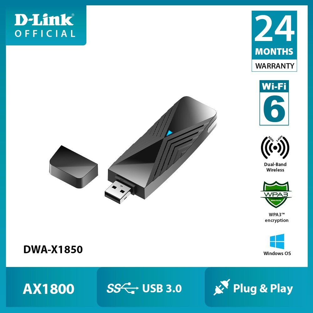 D-LINK DWA-X1850 - Bộ thu sóng Wi-Fi cổng USB chuẩn Wi-Fi 6 tốc độ AX1800
