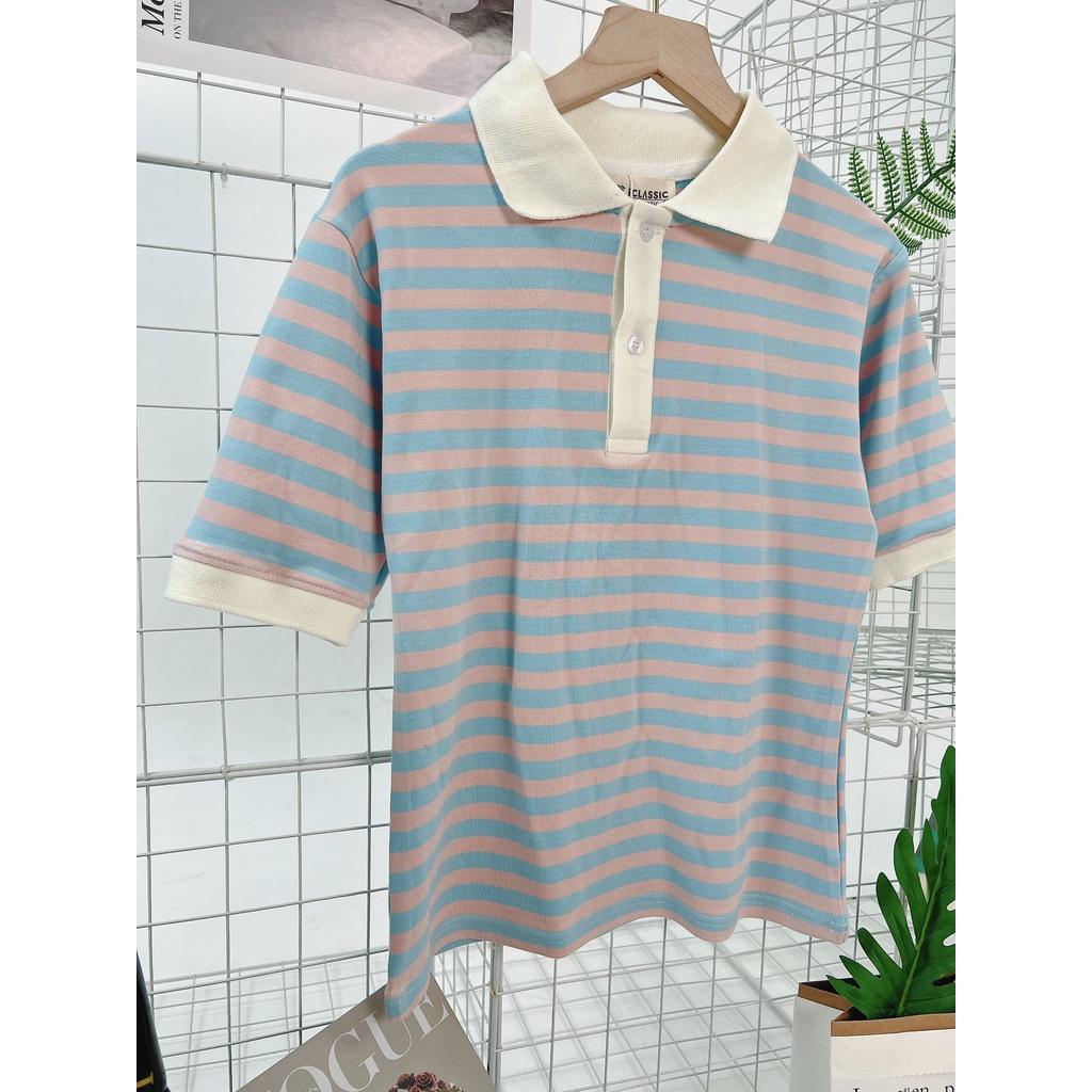 Áo thun nữ ngắn tay cổ bẻ chất cotton mềm mịn phom ôm cực đẹp 2 màu sọc hồng và sọc xanh