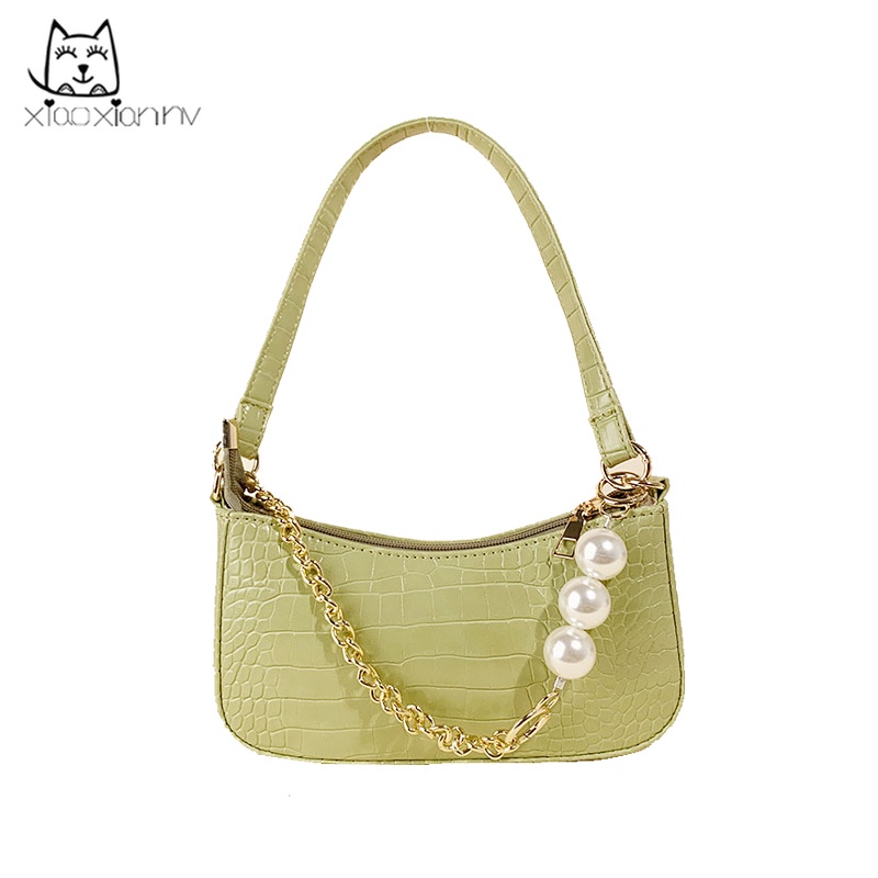 Túi Xách Phối Dây Xích Đính Ngọc Trai Kiểu Vintage Pháp Sang Trọng Thời Trang