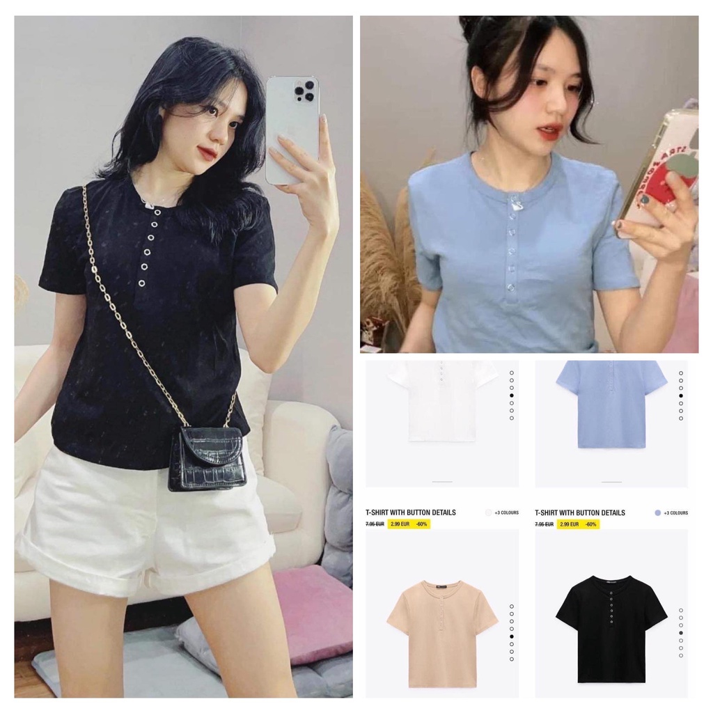 Áo phông trơn zara Nhật cúc ngực