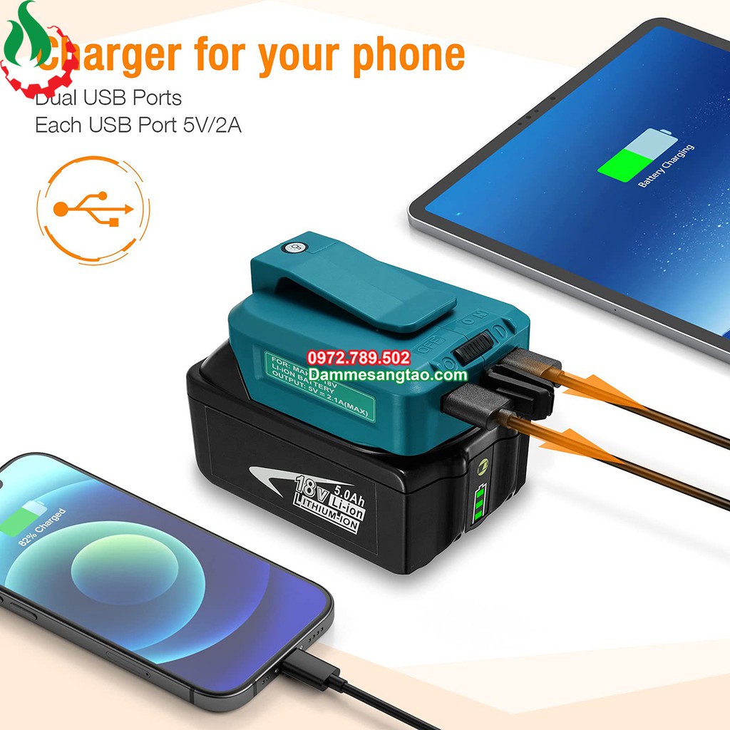 Đế chuyển pin makita 18V sang Usb 5V có đèn led