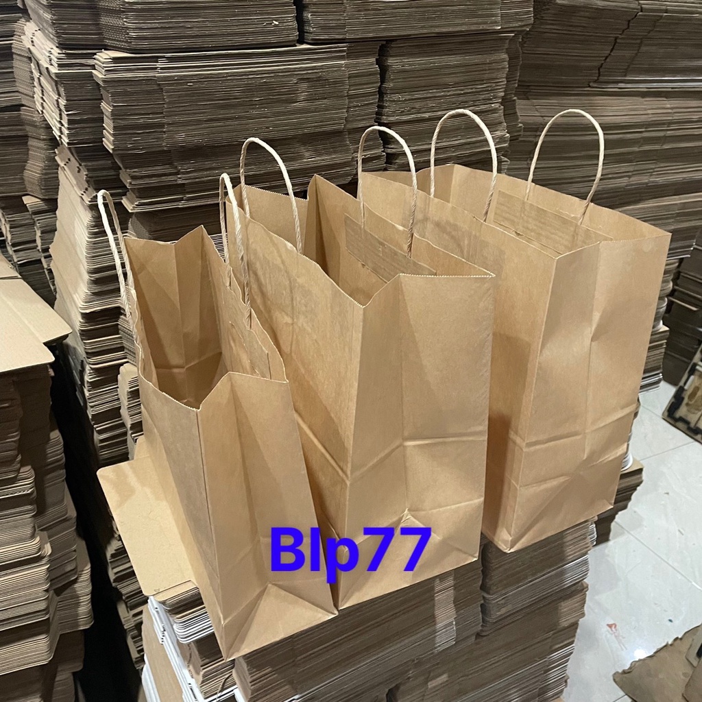 Túi giấy kraft Nhật nâu trơn có quai đựng thực phẩm nhiều kích thước, túi giấy xi măng đáy vuông