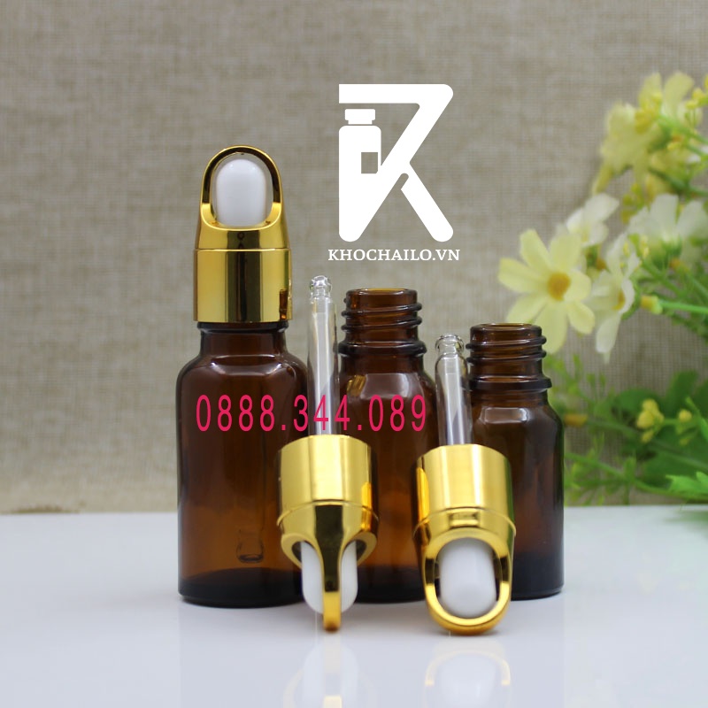 Chai thủy tinh, tinh dầu, serum nâu khoen quai xách vàng, ống thủy tinh bóp trắng 5ml,10ml,15ml,20ml,30ml,50ml,100ml