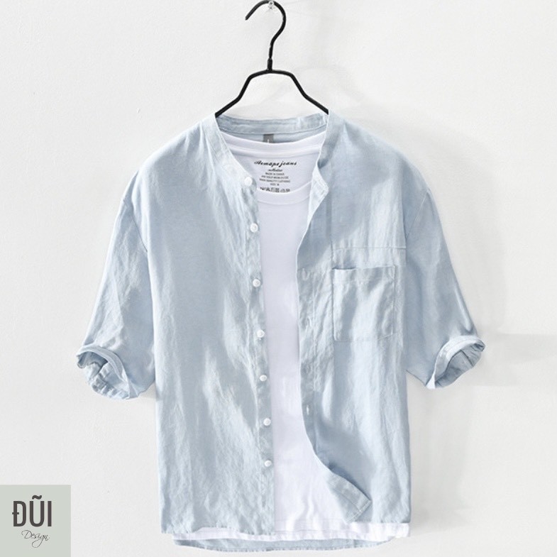 Áo đũi (linen) nam cổ tàu tay lỡ M15 xanh