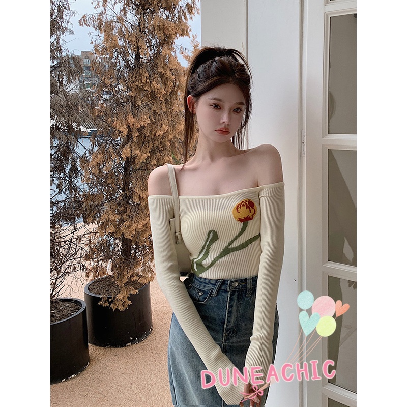 DUNEA Áo Croptop Dệt Kim Tay Dài Trễ Vai Thiết Kế Quyến Rũ Cho Nữ