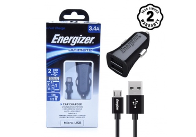 Sạc Energizer UL dùng cho Ô tô Micro USB 3.4A 2 cổng màu đen - DCA2CUMC3