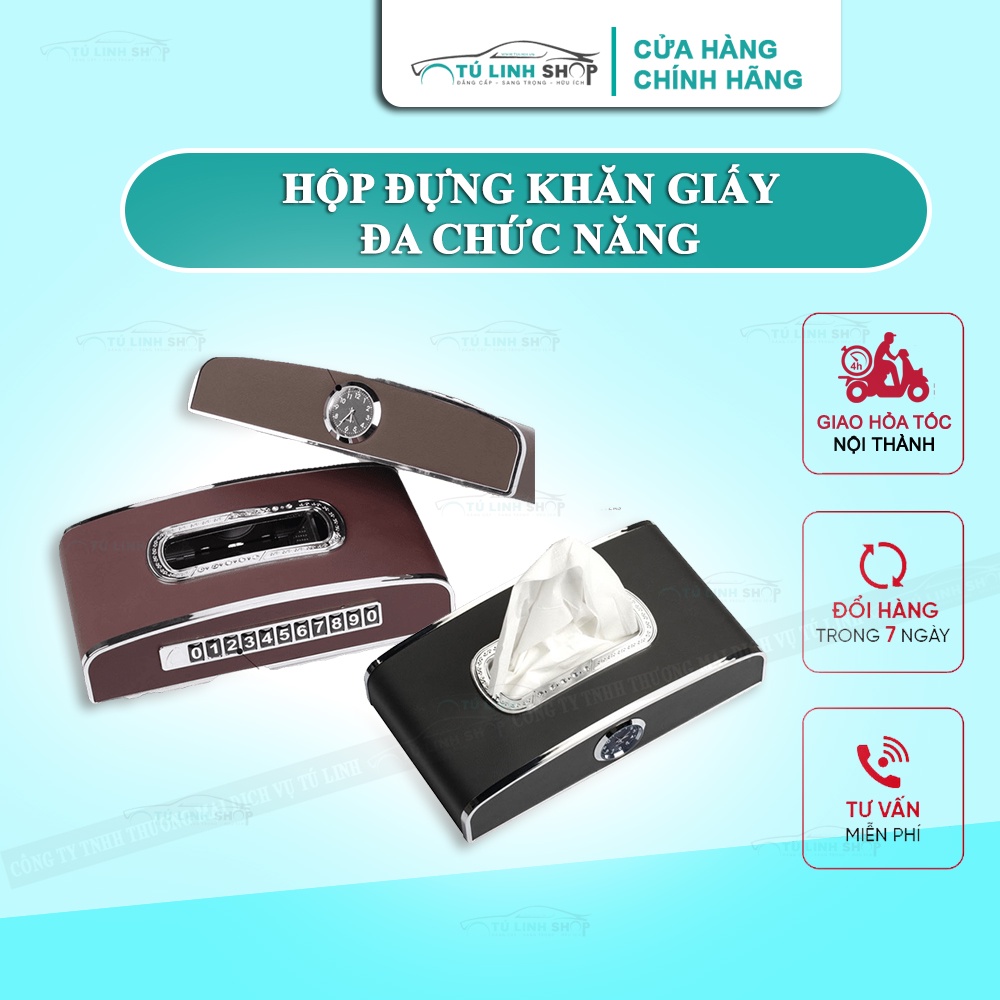 Hộp đựng giấy ăn trên ô tô 3 chức năng, có đồng hồ và bảng số điện thoại, chất liệu da cao cấp