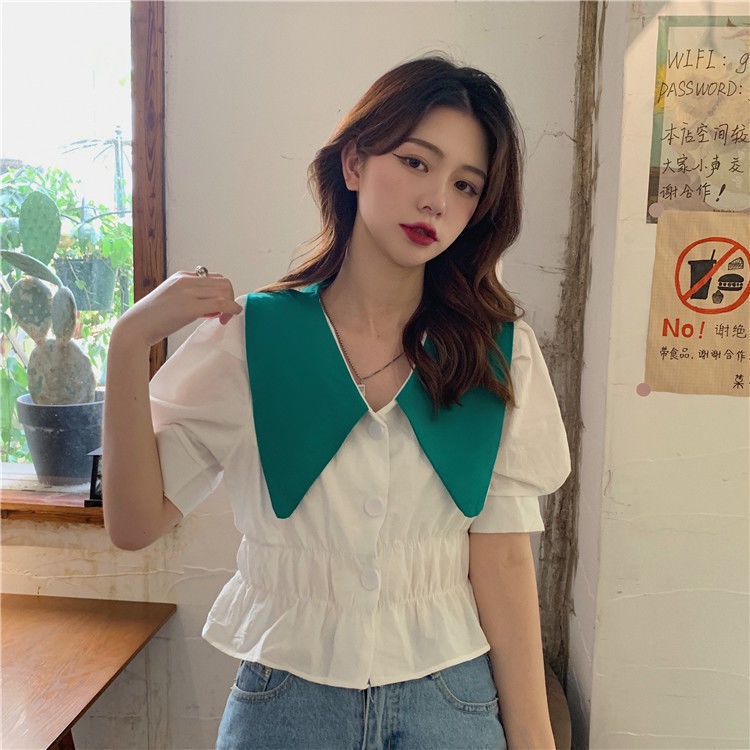 Áo Sơ Mi Tay Phồng Ngắn Phong Cách Hàn Quốc Màu Sắc Tương Phản Thời Trang Mùa Hè Cho Nữ
