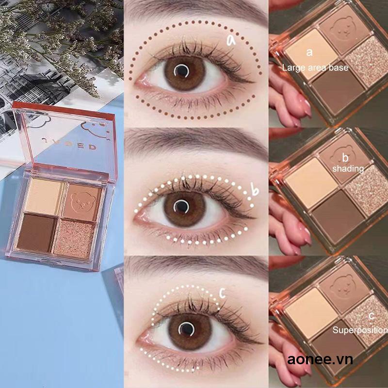 ✨✨Bảng phấn mắt 4 màu họa tiết gấu đáng yêu trang điểm màu nude hiệu ứng sequin ánh ngọc trai có độ bóng cao