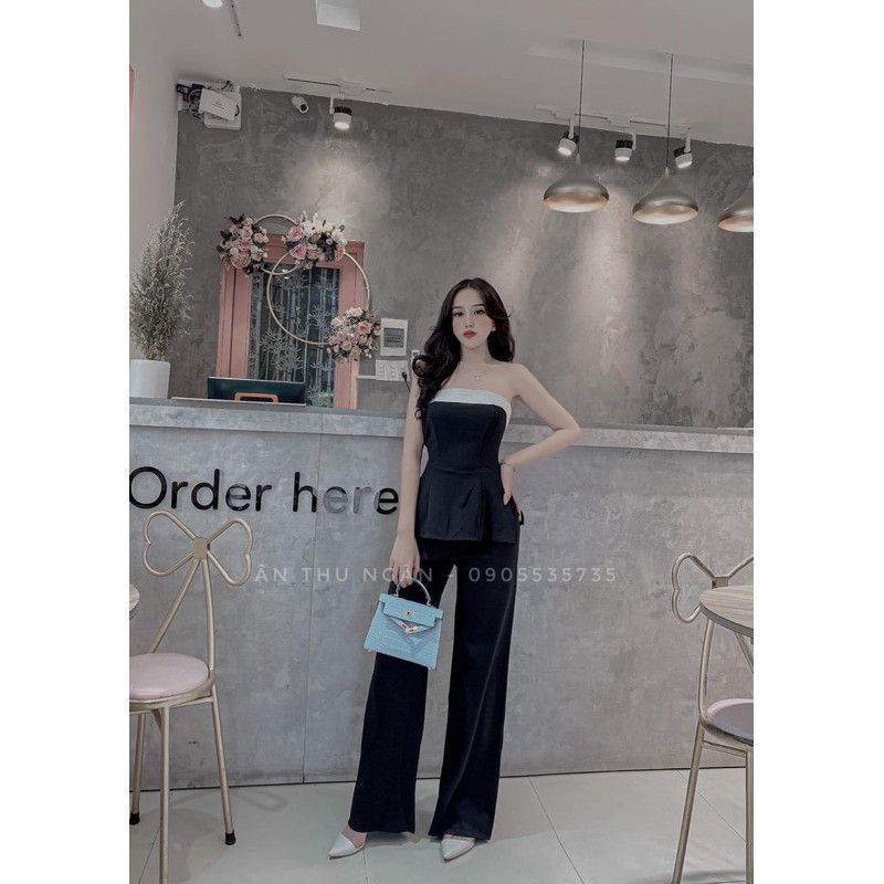 Set quần suông áo xẻ tà phối viền siêu sang