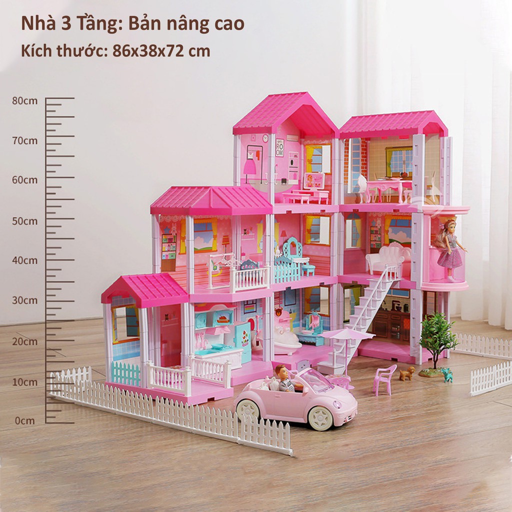 Mô hình nhà búp bê cỡ lớn cho bé - Tặng kèm Barbie. Biệt Thự 3 tầng