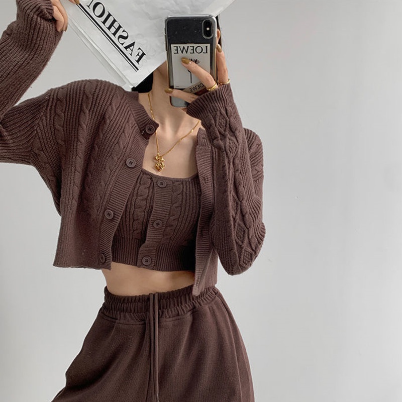 Áo Cardigan Dệt Kim Mỏng Hai Mảnh Thời Trang Xuân Thu Phong Cách Retro