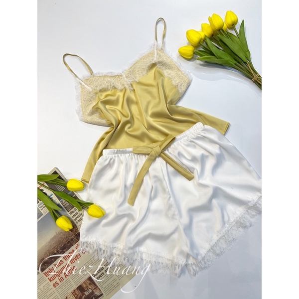 Set ngủ 2 dây lụa phối ren sexy cao cấp