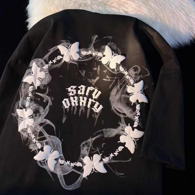 Áo Thun Tay Ngắn Dáng Rộng In Hình Bướm Khói Kiểu Đường Phố Mỹ Cá Tính Cho Nữ