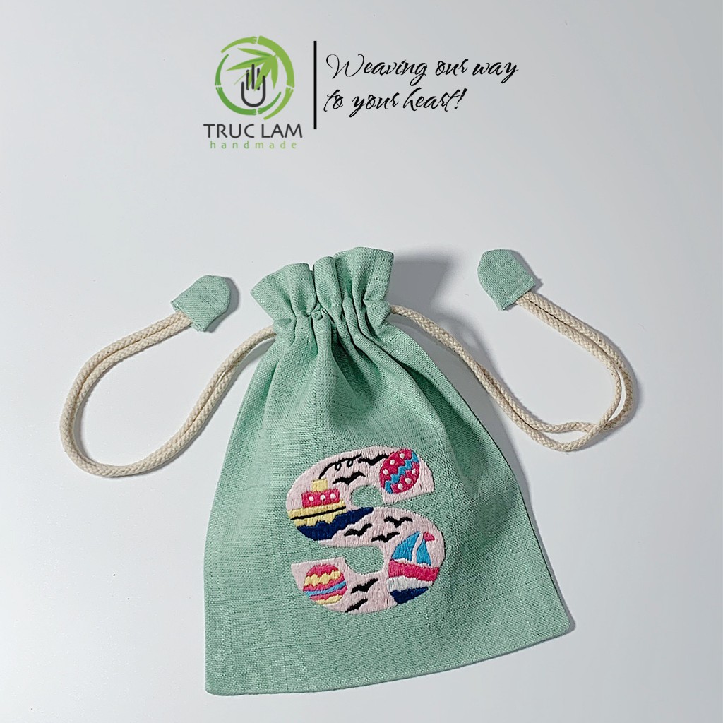 Túi Dây Rút Thêu Tay Họa Tiết Chữ Cái S Phối Hoa Văn Nhiều Màu Sắc - Trúc Lâm Handmade
