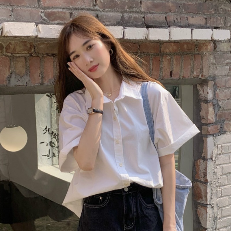 Áo sơ mi nữ đi học tay ngắn form rộng trẻ trung năng động vải lụa mềm mịn mát ít nhăn-MUN01