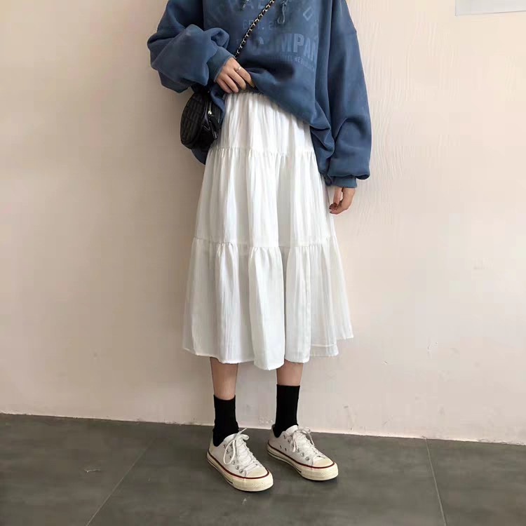 Chân Váy Dáng Dài Đũi Nhăn Nữ - Rere.Store [FREESHIP] - A1-2 Đầm tiểu thư bánh bèo màu đen basic cạp chun Ulzzang