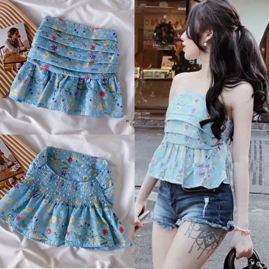 Áo ống hoa nhí dáng xòe / Áo quây xếp ly ngực thời trang mùa hè