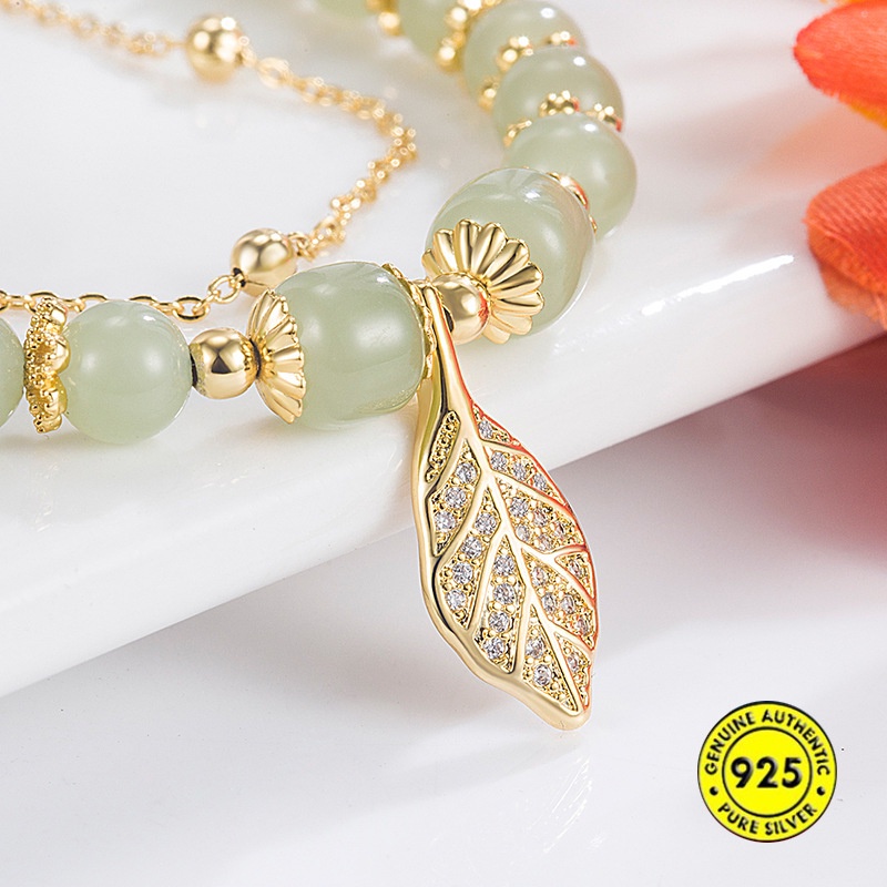 Vòng Tay Chuỗi Đôi Phối Đá Ngọc Bích Thiết Kế Cao Cấp Không Thấm Nước Phong Cách Retro Thanh Lịch