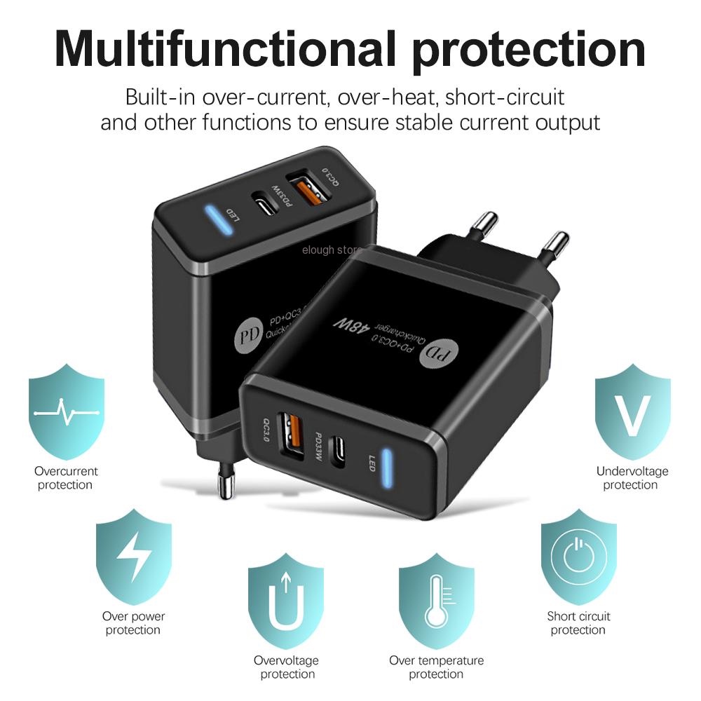 Cốc sạc nhanh ELOUGH QC 3.0 Type C PD 48W cổng USB