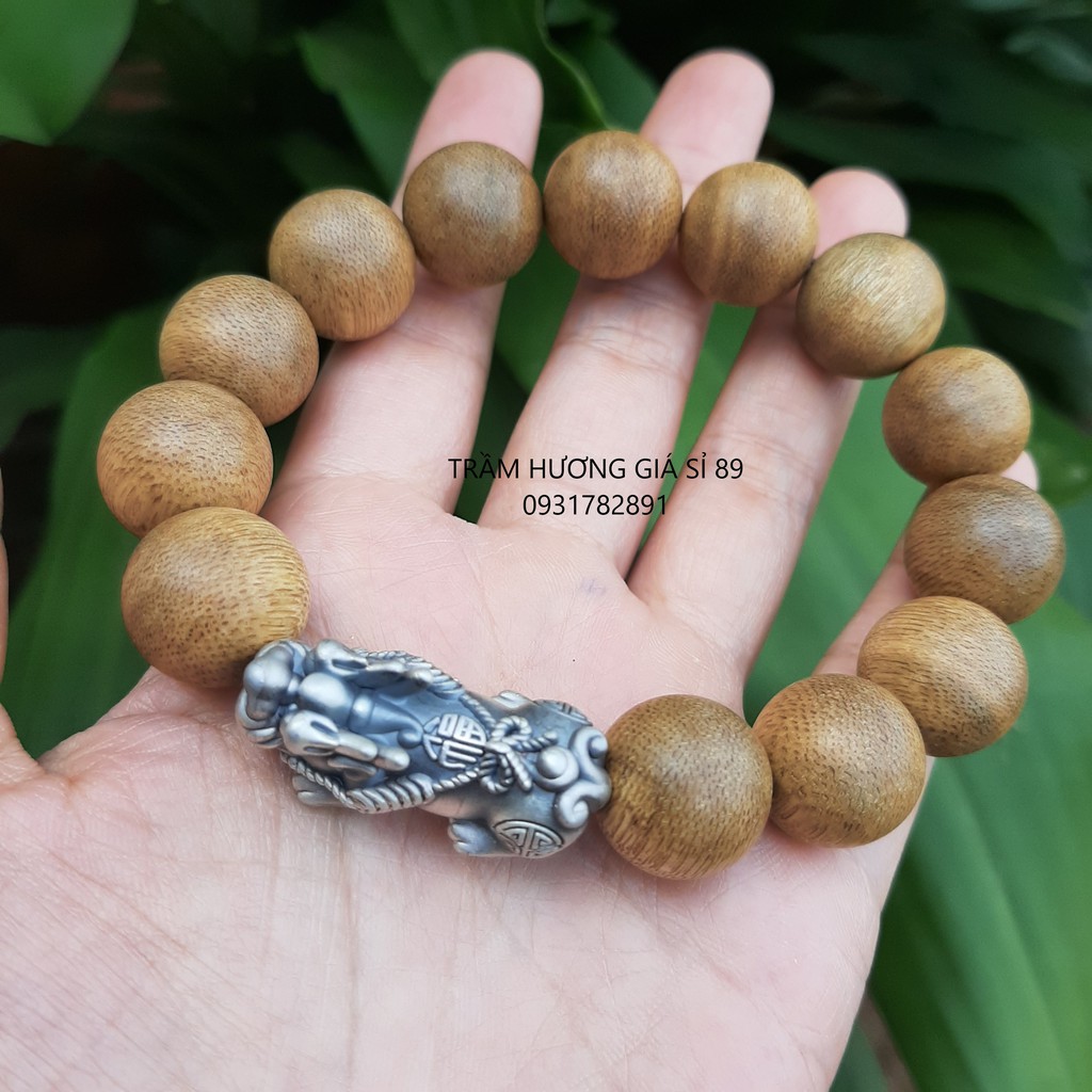 Vòng Tay Trầm Hương 14ly Mix Tì Hưu Bạc Thái- Hàng Loại 1