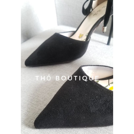 Giày cao gót chính hãng XYFF da lộn đen dây thắt chéo cổ chân 10cm size 36-37