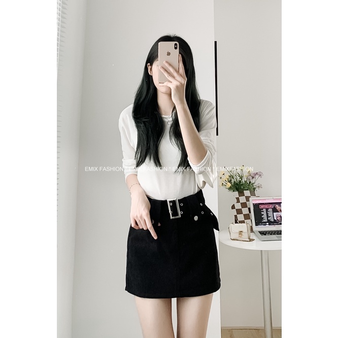 Chân váy mini chữ A EMIX, chất nhung kèm đai, cạp cao, ôm, có lót trong 891