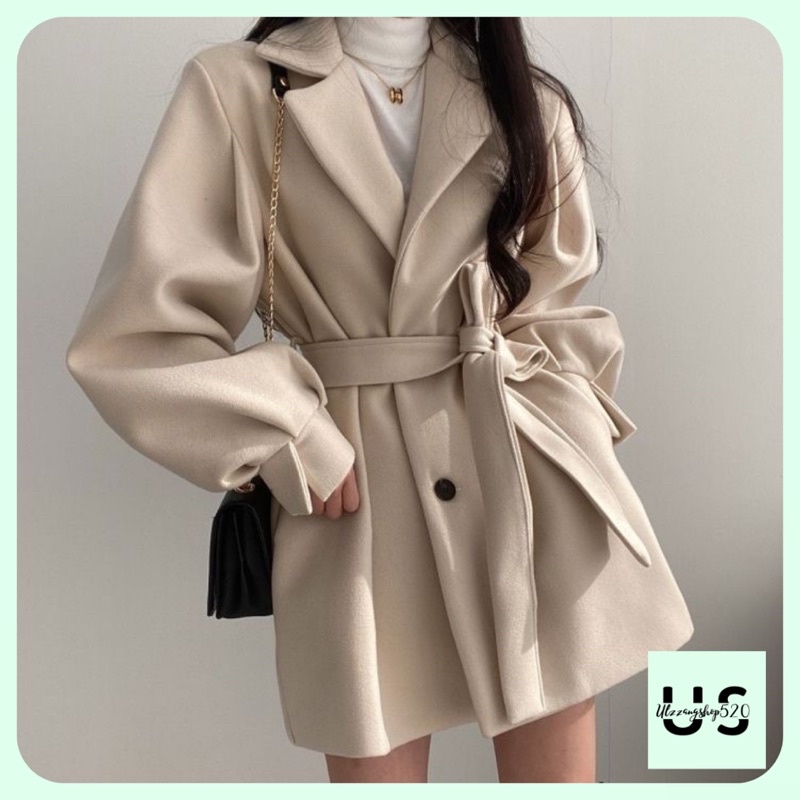 Áo dạ ép tay có đai hai màu kem be Ulzzangshop520