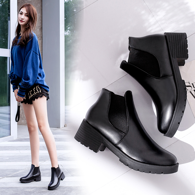 2020 Fashion Women Korean Chelsea Boots Round Head PU Leather Thick Bottom Ankle Boot