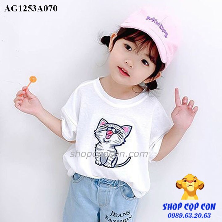 Áo thun hình mèo cho bé gái từ 22kg dến 32kg