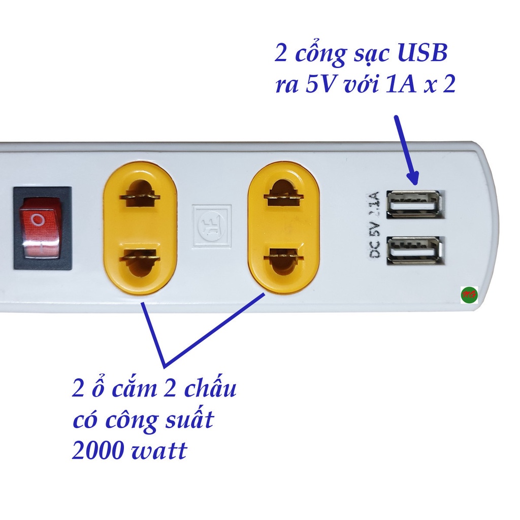 Ổ cắm điện mini Tiến thành 2 ổ cắm hoặc 3 ổ cắm hoặc kết hợp 2 cổng sạc USB 5V 2A - dây 2 mét công suất 2000watt