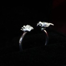 Nhẫn bạc 925 freesize hoa mẫu đơn và chim sẻ sang trọng