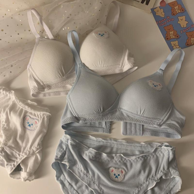 Set Áo lót vải cotton Thêu Hình Gấu Kèm Quần Lót Quyến Rũ Cho Nữ