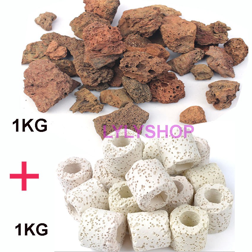 Đá Nham Thạch (1kg) + Sứ Lọc (1KG) loại đẹp, vật liệu lọc nước hồ cá, bể cá,loại bỏ kim loại nặng, bổ sung khoáng chất
