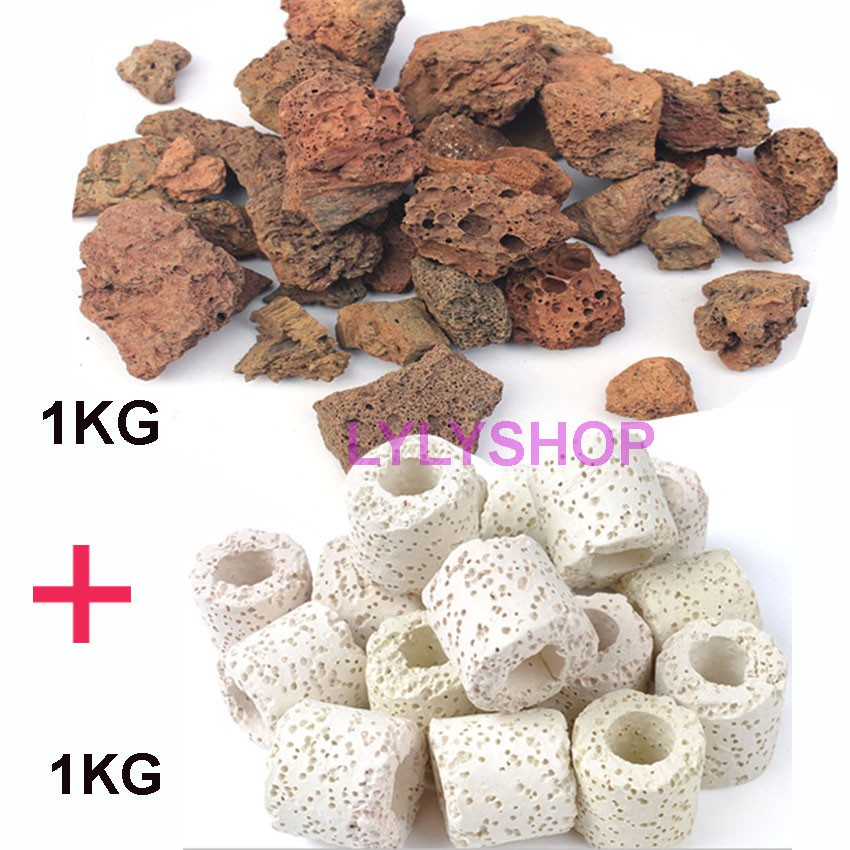 Combo 1kg Nham Thạch Đỏ + 1kg Sứ Lọc - Vật Liệu Lọc Vi Sinh Bể Cá, Thủy Sinh