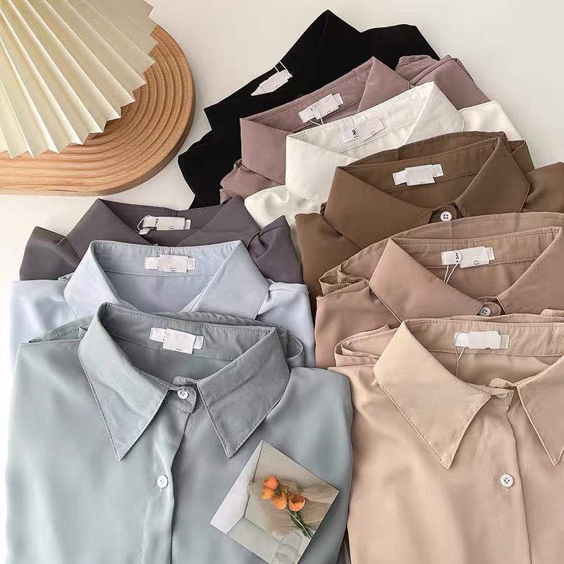 Áo sơ mi basic, công sở nữ đẹp kiểu Hàn Quốc form rộng tay dài chất lụa cao cấp