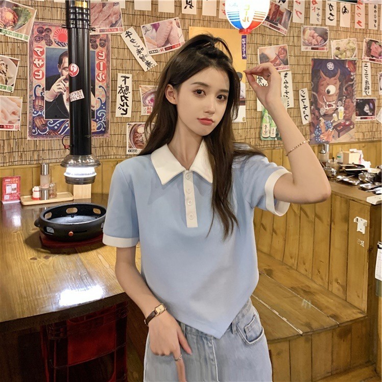 Áo thun lửng ZHELIHANGFEI cổ polo tay ngắn kiểu lệch tà cá tính thời trang dành cho nữ