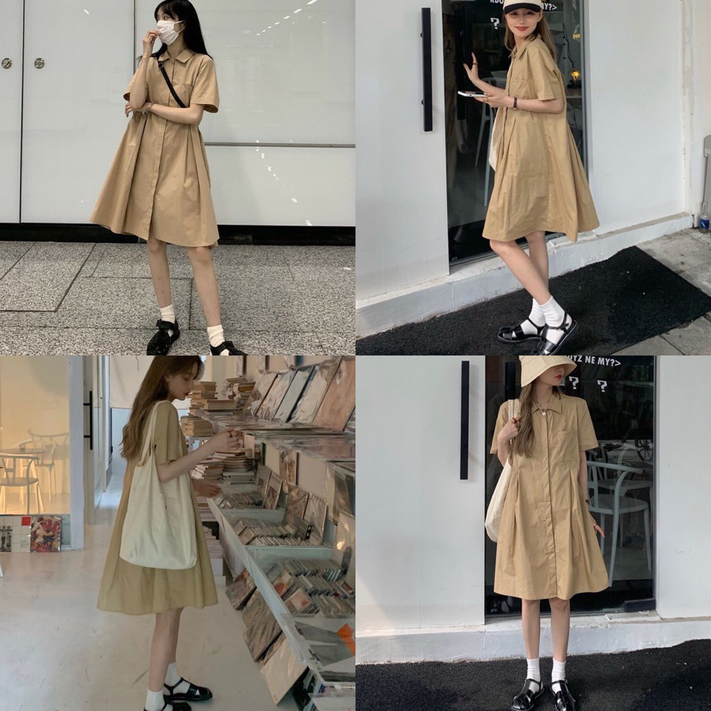 Đầm polo cổ sơ mi có túi ngực xếp ly eo cộc tay ulzzang T18 V16