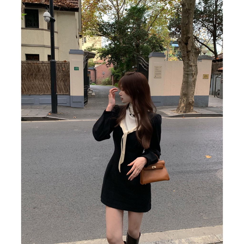 Váy ngắn dài tay nữ phong cách tiểu thư ngọt ngào khí chất hàng Quảng Châu thu đông mới xu hướng 2021