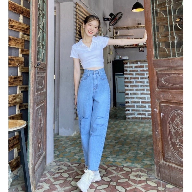 Set Baggy jeans lưng cao rách 3line + croptop petter trắng