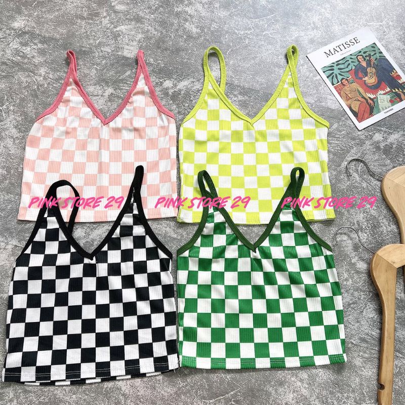 Áo croptop 2 dây cổ V ôm body họa tiết caro