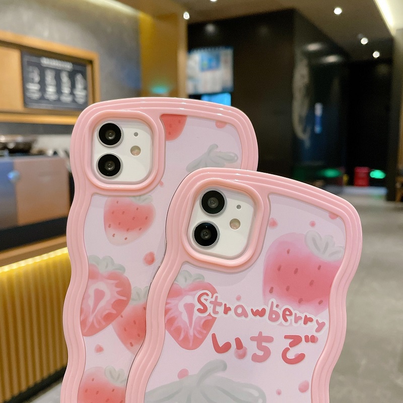 Ốp Điện Thoại Màu Hồng Họa Tiết Dâu Tây Gợn Sóng 2 Trong 1 Chống Rơi Cho iPhone 11 12 13 Pro MAX X XR XS MAX