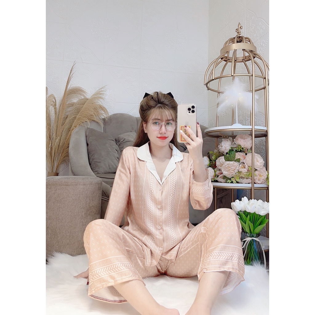 Bộ pijama dài tay lụa Latin thiết kế - Bộ đồ ngủ mặc nhà CAO CẤP.