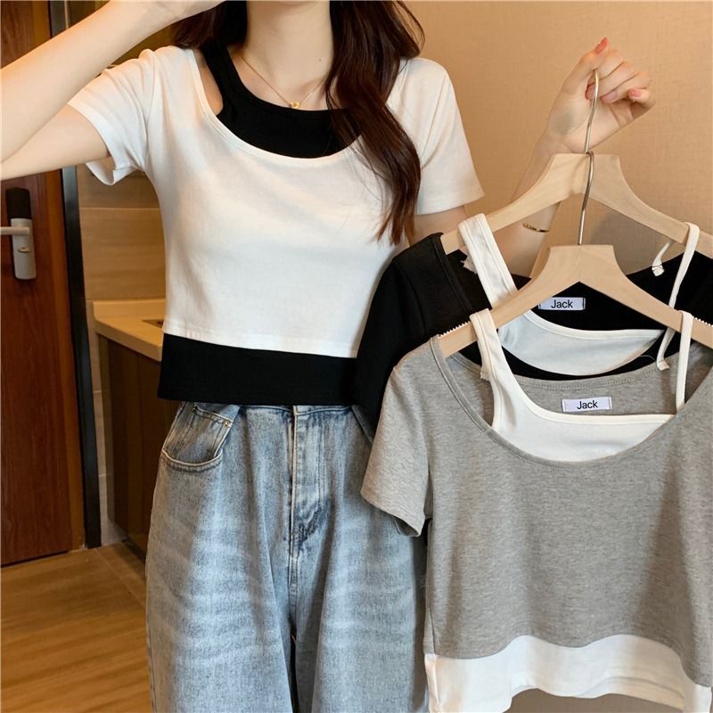 B&G Áo Thun Giả Hai Mảnh Tay Ngắn Dáng Ôm Thời Trang Mùa Hè Dành Cho Nữ plus size Áo phông Nữ JL-TX-150