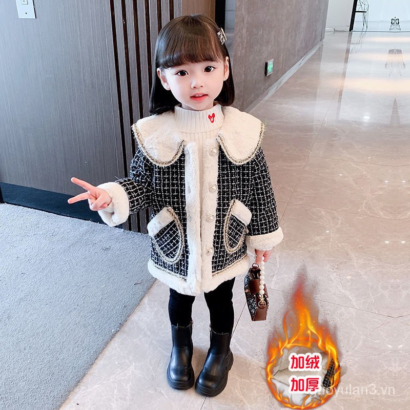 【Ưu đãi đặc biệt】Áo khoác Chanel bằng cotton lông cừu dày phong cách phương Tây Hàn Quốc đơn giản cho bé gái【But】