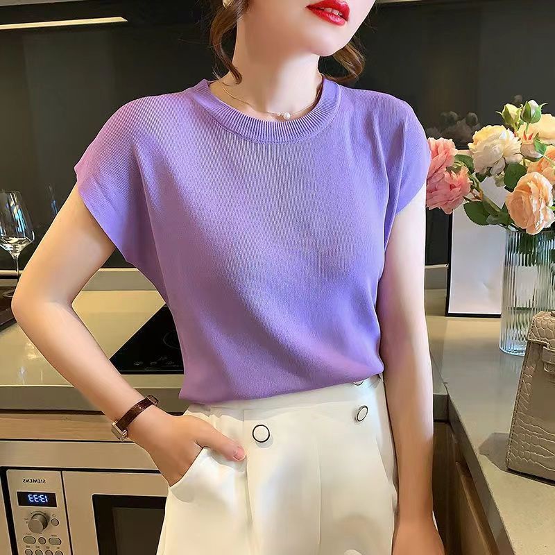 Áo Len Tay Ngắn Cổ Tròn Dáng Rộng Phong Cách Hàn Quốc Thời Trang Cho Nữ