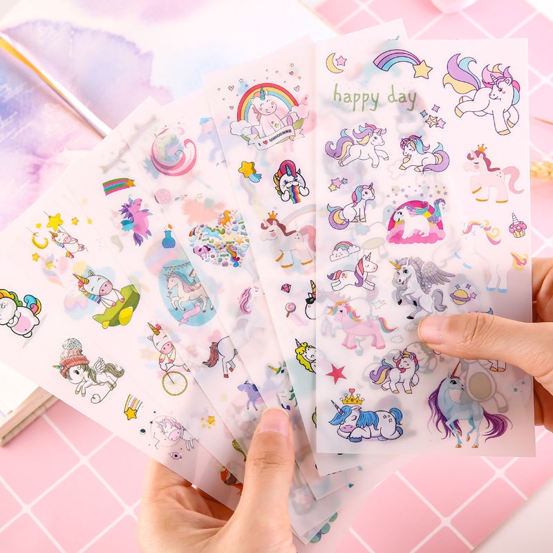 Set 6 tấm Nhãn dán sticker kỳ lân unicorn dễ thương gocnhocuaco VPP0129