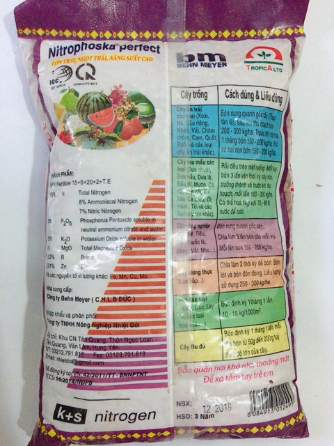 Phân bón cao cấp Nitrophoska 15-5-20 +TE chuyên cho hoa, cây ăn trái 1kg