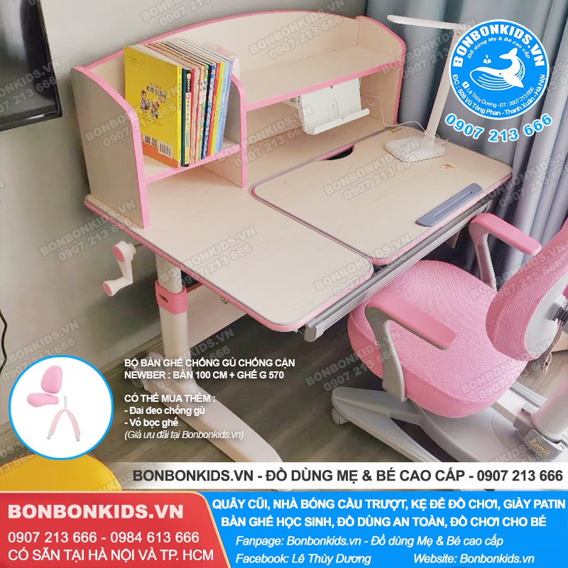 Bộ bàn ghế học sinh chống gù chống cận Newber G570 -100 ( Gỗ tự nhiên, Bàn học trẻ em dài 100cm)